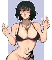 1girls big_breasts bikini bikini_top black_hair breasts cross_necklace curvy female female_only glasses goth goth_girl half_naked human hunter_x_hunter large_breasts pale-skinned_female pale_skin phantom_troupe porqueloin shizuku_murasaki short_hair shounen_jump solo spider_tattoo tattoo tattoos villainess wide_hips