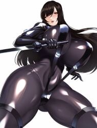 big_breasts black_hair blush bodysuit curvaceous curvy female female_only gantz gantz_suit huge_breasts katana latex latex_gloves latex_suit long_hair looking_at_viewer low-angle_view muscular_thighs parted_lips png reika_shimohira skin_tight solo suspenders sword thick_thighs thigh_strap voluptuous volyz weapon white_background