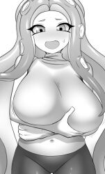 1girls alternate_breast_size bare_shoulders belly belly_button big_breasts blush breasts clothed clothes clothing eyebrows eyelashes female female_only greyscale groping hips huge_breasts humanoid large_breasts looking_at_viewer monochrome navel nobunagapero octoling peronattu perotako_chan_(nobunagapero) solo solo_female splatoon sweat thick thick_thighs thighs voluptuous wide_hips