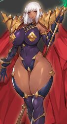 alternate_version_available breasts cloak curvy dark-skinned_female dark_elf dark_skin gloves gurimjang highres large_breasts leotard original pink_eyes pointy_ears short_hair staff thick_thighs thighhighs white_hair wide_hips