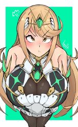 absurdres bangs bare_shoulders black_legwear blonde_hair breasts chest_jewel dangle_earrings dress earrings elbow_gloves female gloves highres jewelry kazunoko_split large_breasts long_hair mythra mythra_(massive_melee)_(xenoblade) mythra_(xenoblade) pantyhose pout short_dress sleeveless sleeveless_dress solo swept_bangs thigh_strap tiara very_long_hair white_dress xenoblade_chronicles_(series) xenoblade_chronicles_2