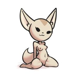 1:1 467adv aggressive_retsuko anthro black_eyes black_nose breasts canid canine eyelashes female fennec fenneko fox genitals hi_res mammal navel nipples nude pussy sanrio simple_background sitting solo straight_hair white_background