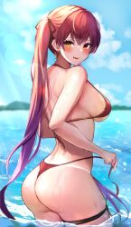 1girls 2022 absurdres ass back bangs bare_arms bare_shoulders bikini blurry blurry_background blush breasts crossed_bangs day earrings female female_focus female_only gradient_hair hair_ribbon halterneck heart heart_earrings heterochromia highres holding holding_clothes hololive hololive_fantasy hololive_japan houshou_marine jewelry large_breasts long_hair looking_at_viewer looking_back multicolored_hair ocean oerba_yun_fang open_mouth outdoors purple_eyes red_bikini red_eye red_hair ribbon sidelocks skindentation smile solo solo_female source_larger standing string_bikini sunlight swimsuit tako_8_yaki tan tanlines thigh_strap twintails untied untied_bikini very_long_hair virtual_youtuber wading wet yellow_eye