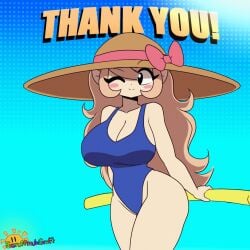 1girls alternate_version_available animated artist_name beach_hat big_breasts blair_(scruffmuhgruff) blue_swimsuit eyebrows_visible_through_hair female light_brown_hair pink_cheeks pool_noodle scruffmuhgruff solo solo_female thank_you thick_thighs winking winking_at_viewer