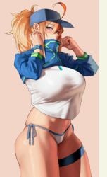 1girls 2021 adapted_costume ahoge altered_costume artoria_pendragon bikini bikini_bottom blonde_hair blue_eyes breasts cropped_jacket eu03 fate/grand_order fate_(series) female female_only hat hips huge_breasts long_hair mysterious_heroine_xx_(foreigner) ponytail slim_waist solo t-shirt thick_thighs thigh_strap thighs wide_hips