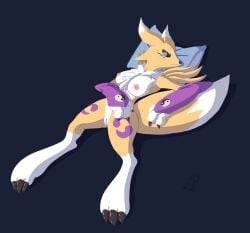 anthro bandai_namco breasts chest_tuft digimon digimon_(species) female genitals hi_res jared_dillon lying on_back pussy renamon solo tuft