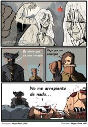 2boys 2girls big_breasts bloodborne breasts_bigger_than_head death fromsoftware funny gigantic_breasts happy_souls huge_breasts hunter_(bloodborne) male_death meme monster monster_girl pale-skinned_female slimy snail_woman_(bloodborne) spanish_dialogue spanish_text