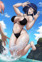 2023 2girls absurd_res barefoot beach bikini black_bikini black_hair boruto:_naruto_next_generations character_off_screen cross-halter echosaber fat_breasts feet female flat_belly halter_bikini hips hyuuga_hinata large_breasts lavender_eyes mature_female milf mother naruto naruto_(series) one_eye_closed outdoors pink_hair sakura_haruno short_hair slim_waist smile splashing thick_thighs thighs water wet wide_hips