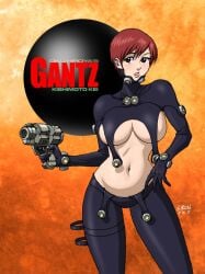 artist_request big_breasts black_eyes bodysuit female female_only gantz gantz_suit gun hourglass_figure kei_kishimoto latex latex_gloves latex_suit looking_at_viewer pixie_cut red_hair short_hair sideboob skin_tight solo text underboob very_short_hair weapon