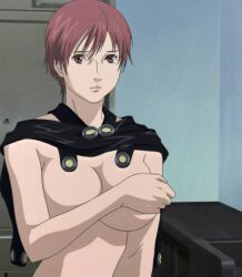 anime big_breasts brown_eyes brown_hair cleavage covered_nipples covering_breasts covering_self dressing embarrassed female female_only gantz gantz_suit kei_kishimoto latex latex_suit looking_at_viewer pink_hair screencap short_hair shy solo underboob upper_body very_short_hair