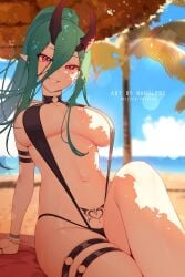 1girls beach breasts cleavage demon_girl demon_horns female female_only green_hair hair_between_eyes highres horns large_breasts leaning_back looking_at_viewer nanoless navel original original_character pointy_ears pubic_tattoo red_eyes seductive_smile serena_(nanoless) single_horn sitting skindentation slingshot_swimsuit slit_pupils smile solo succubus succubus_horns succubus_tattoo swimsuit tattoo thick_thighs thigh_strap thighs