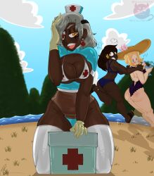 2d ana_amari ass beach big_ass big_breasts bikini blizzard_entertainment blonde_hair blue_eyes breast_squeeze breast_squish breasts brown_hair dark-skinned_female fit_female gilf gloves gold_eyes golden_eyes grey_hair huge_ass latex medium_breasts mercy milf nurse old_ana_amari overwatch pharah presenting presenting_ass presenting_breasts skindentation swimsuit tight_clothing tight_fit tiny_by_n1ghty tiny_gay_productions wrinkles