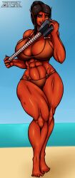 1girls abs beach female huge_breasts muscular_female orc orc_female red_skin romman08