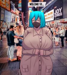 1girls animal_ears big_breasts blue_hair breasts catgirl female female_focus female_only jacket joylewds looking_at_viewer mask wide_hips