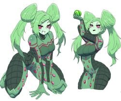 1girls 2022 absurd_res all_fours arms_up ass ball_breaker_(jjba) big_ass blush bodysuit braid breasts clothing eyebrows_visible_through_hair female female_only full_body green_body green_bodysuit green_hair hair_bun hand_behind_head hand_on_neck highres humanized humanoid jewelry jojo's_bizarre_adventure long_hair looking_at_object looking_at_viewer mannungei medium_breasts multiple_views open_mouth personification pose red_eyes rule_63 scan_(jjba) selfie shounen_jump simple_background smile solo stand_(jjba) standing steel_ball_(object) steel_ball_run thick_thighs thighs tied_hair tongue twintails white_background