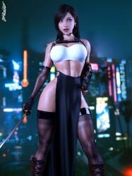 1girls 3d abs black_hair black_thighhighs depth_of_field earrings elbow_gloves fanart female female_only final_fantasy final_fantasy_vii final_fantasy_vii_remake gloves holding_katana holding_object holding_sword holding_weapon indoors katana large_breasts looking_at_viewer narrow_waist pelvic_curtain pinup solo standing stockings str4hl sword thighhighs tifa_lockhart