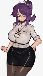 1girls big_breasts business_suit business_woman huge_breasts large_breasts manobece office_lady purple_eyes purple_hair skirt tagme thick thick_thighs thighs tight_clothing work_clothes