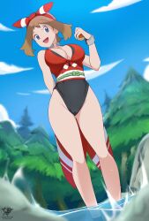 artist_logo artist_name bandana bare_arms bare_legs big_breasts blue_eyes breasts brown_hair cleavage female_focus female_only full_body game_freak holding_object holding_pokeball hourglass_figure kaos_art low-angle_view may_(pokemon) may_(pokemon_oras) mega_ring nintendo outdoors pokeball pokemon pokemon_oras solo swimsuit thick_thighs thighs