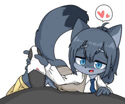 2021 anthro bedroom_eyes black_body blue_eyes bottomwear bottomwear_down canid canine clothed clothing duo female first_person_view fluffy fluffy_tail fox genitals grey_body hand_on_penis handjob heart kemono looking_at_viewer male male/female male_pov mammal narrowed_eyes necktie open_mouth pants pants_down pantyjob partially_clothed penile penis penis_in_panties potatobud3 ribbons school_uniform seductive sex simple_background skirt uniform white_background yellow_bottomwear yellow_clothing yellow_skirt