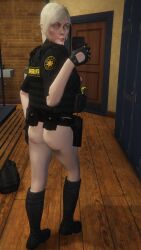 ass blonde_hair blue_eyes bottomless facial_scar from_behind grand_theft_auto grand_theft_auto_online grand_theft_auto_v lauren_forcer locker_room mirror_selfie nopixel partially_clothed police_uniform policewoman selfie yulenp