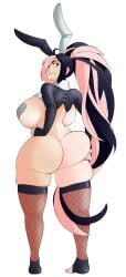 ass big_ass big_breasts black_hair breasts female_only fishnet_legwear fishnets fusion green_eyes grey_pasties huge_ass huge_breasts idolmonkeh light-skinned_female looking_back nude pasties pink_hair reverse_bunnysuit saki_(pantsudesu) sonaki song_(idolmonkeh) thick thick_thighs two_tone_hair two_tone_skin voluptuous white_background