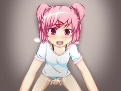 1girls against_wall black_bra_straps blush bra_straps cum cum_in_pussy cum_inside cumming doki_doki_literature_club female flustered hairclip human natsuki_(doki_doki_literature_club) open_mouth panties panties_aside panting penis pink_eyes pink_hair pov pussy red_hairclip sex shimapan striped_panties sweating uncensored vaginal_penetration wall wet