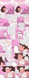 1boy 2girls bisexual bisexual_(female) blue_eyes breasts brown_hair canon_couple comic cuddle_pile cuddling dialogue english_text female greg_universe greg_universe_(young) male missgreeney multiple_girls nipples nude pearl_(steven_universe) pink_hair polyamory rose_quartz_(steven_universe) short_hair sleeping small_breasts snuggling speech_bubble steven_universe straight text throuple wholesome yuri