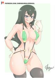 1girls bare_arms bare_shoulders belly belly_button big_breasts bikini black_bikini black_eyes breasts chrissursilversoul closed_eyes collarbone eyebrows eyelashes frilled_cuffs frilled_gloves gloves green_bikini green_hair hair half-closed_eyes large_breasts long_hair looking_at_viewer midriff my_hero_academia nipple_bulge nipples seductive_smile shoulders sideboob sidelocks simple_background sling_bikini sling_swimsuit slingshot_swimsuit smiling_at_viewer thick_thighs thigh_highs thighhighs thighs tied_hair tongue tongue_out tsuyu_asui underboob waist yellow_bikini