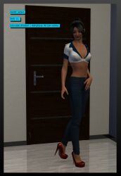 3d black_hair character_profile character_sheet cleavage collarbone comic dialogue erect_nipples female femsub gogo_(ropeman1) happy high_heels jeans large_breasts navel no_bra original posing red_high_heels red_lipstick ropeman1 short_hair smile solo text