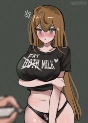 1girls 2022 anger_vein angry artist_signature blush breasts brown_eyes brown_hair bullying chubby chubby_female embarrassed english_text hips huge_breasts looking_at_viewer neet_girl_(noiretox) noiretox original original_character panties pov shirt simple_background slightly_chubby text text_on_clothing thick_thighs thighs wide_hips