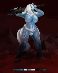 anthro blue_eyes club_(weapon) equid equine female keeltheequine mammal nude solo white_hair