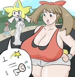 1boy 1girls alternate_ass_size alternate_breast_size ass big_ass big_breasts breasts gigantic_ass gigantic_breasts gigantic_penis hanging_penis huge_ass huge_breasts huge_cock jirachi large_breasts may_(pokemon) may_(pokemon_oras) nipple_bulge penis_awe penis_out pokemon pokemon_(species) pokemon_oras size_difference small_but_hung straight voluptuous wardious wide_hips