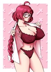 1girls bra female glasses labcoat light-skinned_female light_skin long_hair okazaki_yumemi panties ponytail red_bra red_eyes red_hair red_panties solo solo_female spookoarts touhou