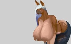 anthro breasts ear_piercing equid equine female keeltheequine mammal nipple_piercing purple_eyes ripped_pants solo