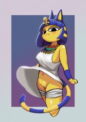 2022 absurd_res accessory animal_crossing ankha ankha_(animal_crossing) anthro blue_hair blue_markings blush bottomless breasts clothed clothing digital_media_(artwork) domestic_cat egyptian_clothing felid feline felis female genitals gold_(metal) gold_jewelry hair hair_accessory hi_res jewelry looking_down_at_viewer mammal markings navel neutral_expression nintendo no_underwear paws pussy shaded short_hair shoulderless_dress simple_background slient_silent solo upskirt video_games wardrobe_malfunction yellow_body