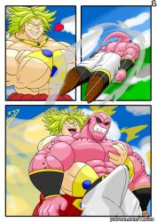 2boys bara broly broly_(dragon_ball_z)_1993 bulge_through_clothing clothing dragon_ball dragon_ball_z erection_under_clothes gay humanoid legendary_super_saiyan looking_at_another looking_back majin_buu male male/male male_only muscular muscular_male okrizo831 pecs pervert pink_body pink_skin red_eyes super_buu tagme yaoi