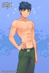 blue_background blue_eyes blue_hair camp_buddy green_clothing hand_on_hip male male_only mothyx natsumi_hamasaki shirtless shirtless_(male) shorts yaoi