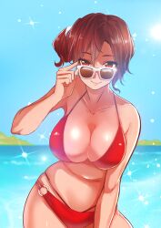 1girls adjusting_eyewear adjusting_glasses adjusting_sunglasses bikini breasts brown-tinted_eyewear brown_eyes brown_hair cleavage large_breasts looking_at_viewer looking_over_eyewear looking_over_glasses looking_over_sunglasses meiko red_bikini sunglasses swimsuit tinted_eyewear vocaloid wide_hips