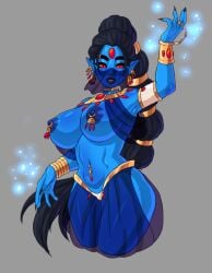 1girls arabian_mythology black_hair blue_skin bracelet dawnofthebluemoon djinn earrings female forehead_jewel genie genie_girl kingofundrock large_breasts long_hair middle_eastern_mythology mythology navel navel_piercing nipple_piercing nipples oc red_eyes see-through solo topless