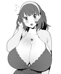 big_breasts blush breasts cleavage erkazooya errorkazoo female heart_necklace huge_breasts monochrome necklace original original_character rina_atherina rina_atherina_(errorkazoo)