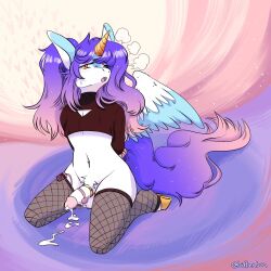 alicorn ambiguous_gender anthro bittenbun bottomless champagne_(nikari) clothed clothing ejaculation equid equine eyelashes femboy fishnet fishnet_legwear hi_res horn legwear male male_only mammal solo solo_male wings