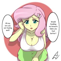 acesrulez13 cleavage fluttershy_(mlp) human humanized large_breasts leaning_forward my_little_pony text