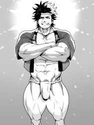 1boy 1male bara black_clover crossed_arms dilf_material fundoshi japanese_clothes kojima mabataki male male_focus male_only monochrome muscle muscles muscular muscular_male solo tagme yami_sukehiro