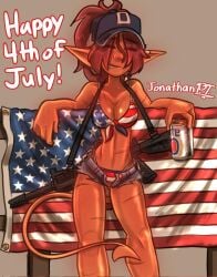 1girls 4th_of_july american_flag baseball_cap beer_can belly belly_button bikini cleavage closed_eyes eyebrows_visible_through_hair eyes_visible_through_hair female_only fence grey_background happy jonathanpt original pinup ponytail portrait rifle scars short_pants signature smiling_at_viewer sofia(jonathanpt) standing tail tiefling