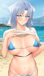 1girls 2022 beach bikini blue__black_bikini blue_eyes blue_hair blush bow bow_in_hair breasts female female_only hi_res karakari large_breasts light-skinned_female light_skin looking_at_viewer micro_bikini outdoors senran_kagura senran_kagura_(series) short_hair top_lift yumi_(senran_kagura)