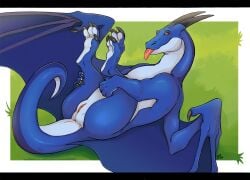 animal_genitalia anus belly_up blue_body blue_tail blue_wings dragon female feral genitals glax hi_res horn membrane_(anatomy) membranous_wings orange_eyes pinup pose pussy selaena simple_background solo sprawling tongue tongue_out wings