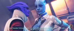 3d aria_t'loak asari asari_futanari blue_eyes blue_skin cheating cheating_girlfriend cheating_wife citadel cleavage comic_page dialogue dominant image_set liara_t'soni mass_effect purple_skin realium3d story