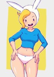 1girls 2021 adventure_time belly belly_button blush cartoon_network cleavage female_focus fionna_the_human_girl hips long_shirt looking_at_viewer morfinared nipples_visible_through_clothing no_pants no_skirt panties pinup pose solo solo_female solo_focus thick_thighs tight_clothing white_panties wide_hips