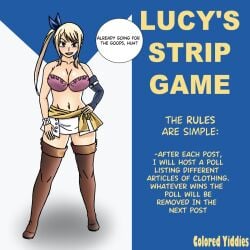 1girls 2022 blonde_hair bra clothed coloredyiddies dialogue english_text fairy_tail lucy_heartfilia self_upload skirt solo solo_female solo_focus strip_game text thigh_boots