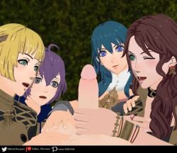 1boy 3d 4girls bernadetta_von_varley byleth_(fire_emblem) byleth_(fire_emblem)_(female) dorothea_arnault female fire_emblem fire_emblem:_three_houses garreg_mach_monastery_uniform handjob ingrid_brandl_galatea male mikey_obscurest multiple_girls nervous nintendo penis touching_penis wink